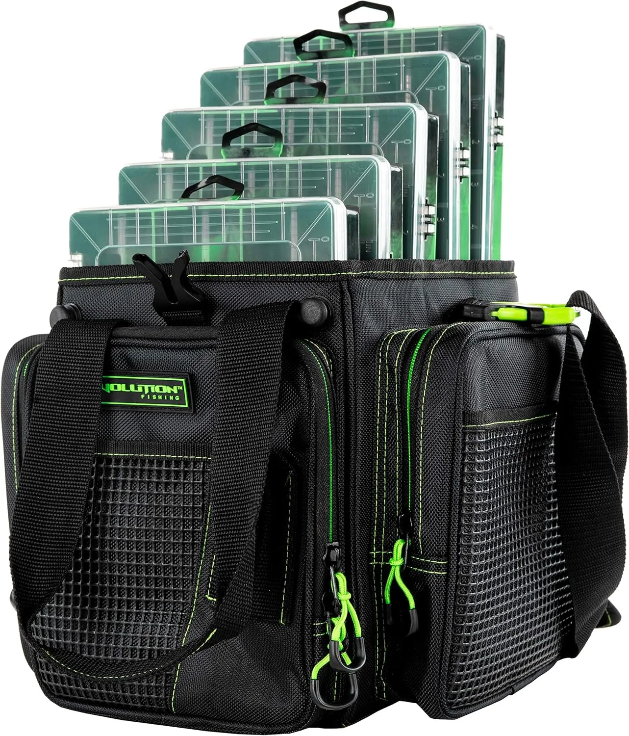 Evolution Outdoor Drift Series Topless Vertical Tackle Bag – Outdoor Rucksack w/ 5 Fishing Tackle Trays, Padded Handle and Shoulder Strap, Plier Holster, Tackle Carrying Case