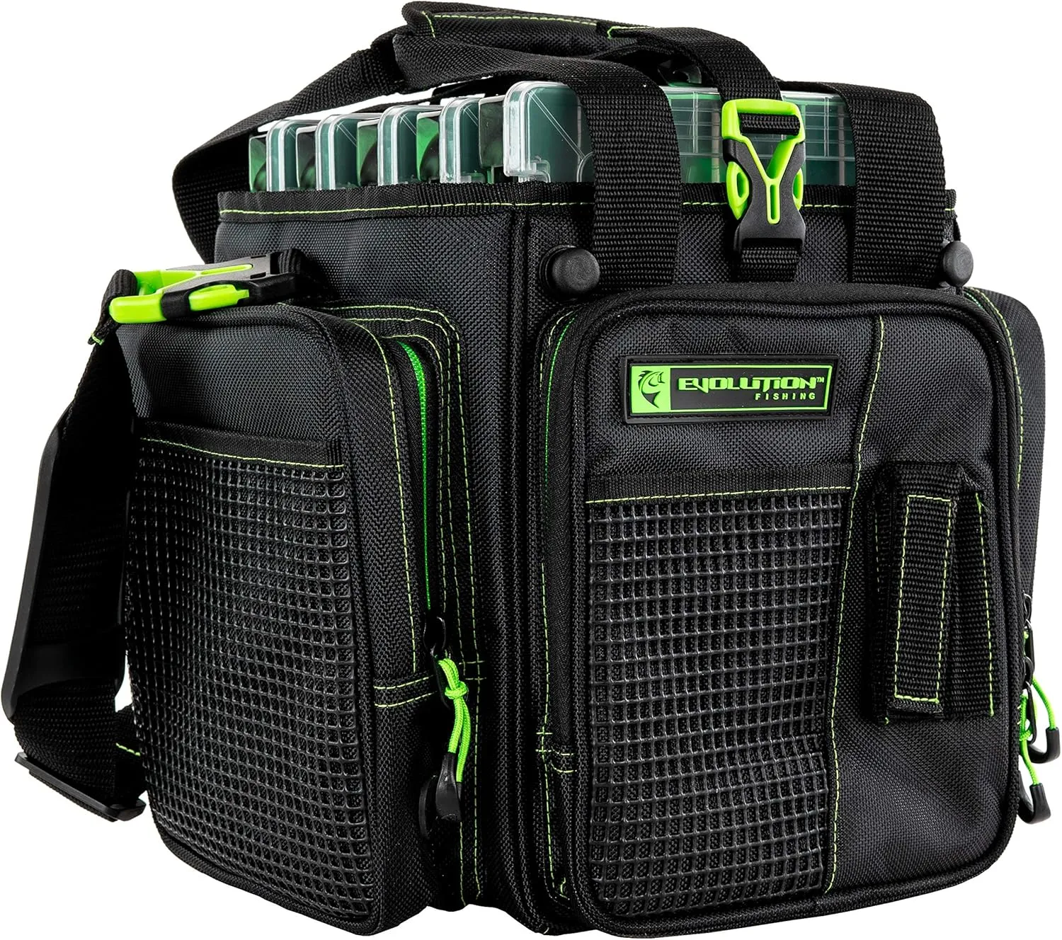 Evolution Outdoor Drift Series Topless Vertical Tackle Bag – Outdoor Rucksack w/ 5 Fishing Tackle Trays, Padded Handle and Shoulder Strap, Plier Holster, Tackle Carrying Case