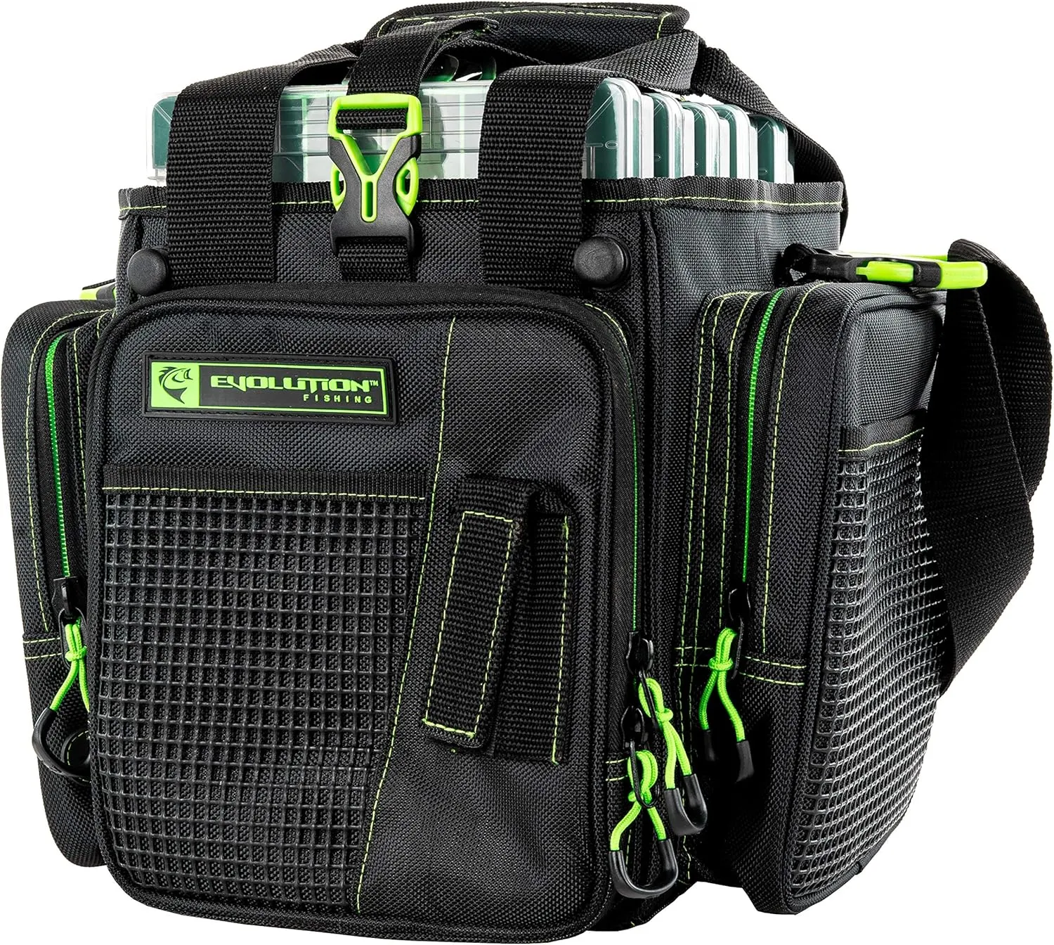 Evolution Outdoor Drift Series Topless Vertical Tackle Bag – Outdoor Rucksack w/ 5 Fishing Tackle Trays, Padded Handle and Shoulder Strap, Plier Holster, Tackle Carrying Case