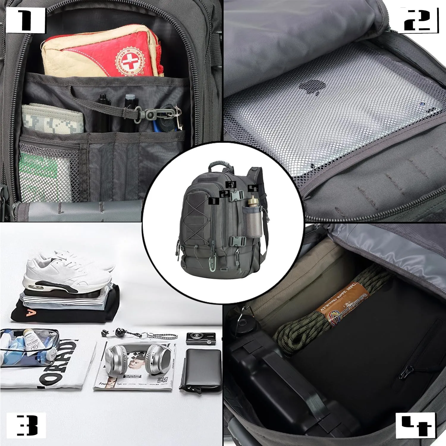 Expandable 40-64L Military Tactical Backpack 3 Day Bag Hiking Gym Sport Camping