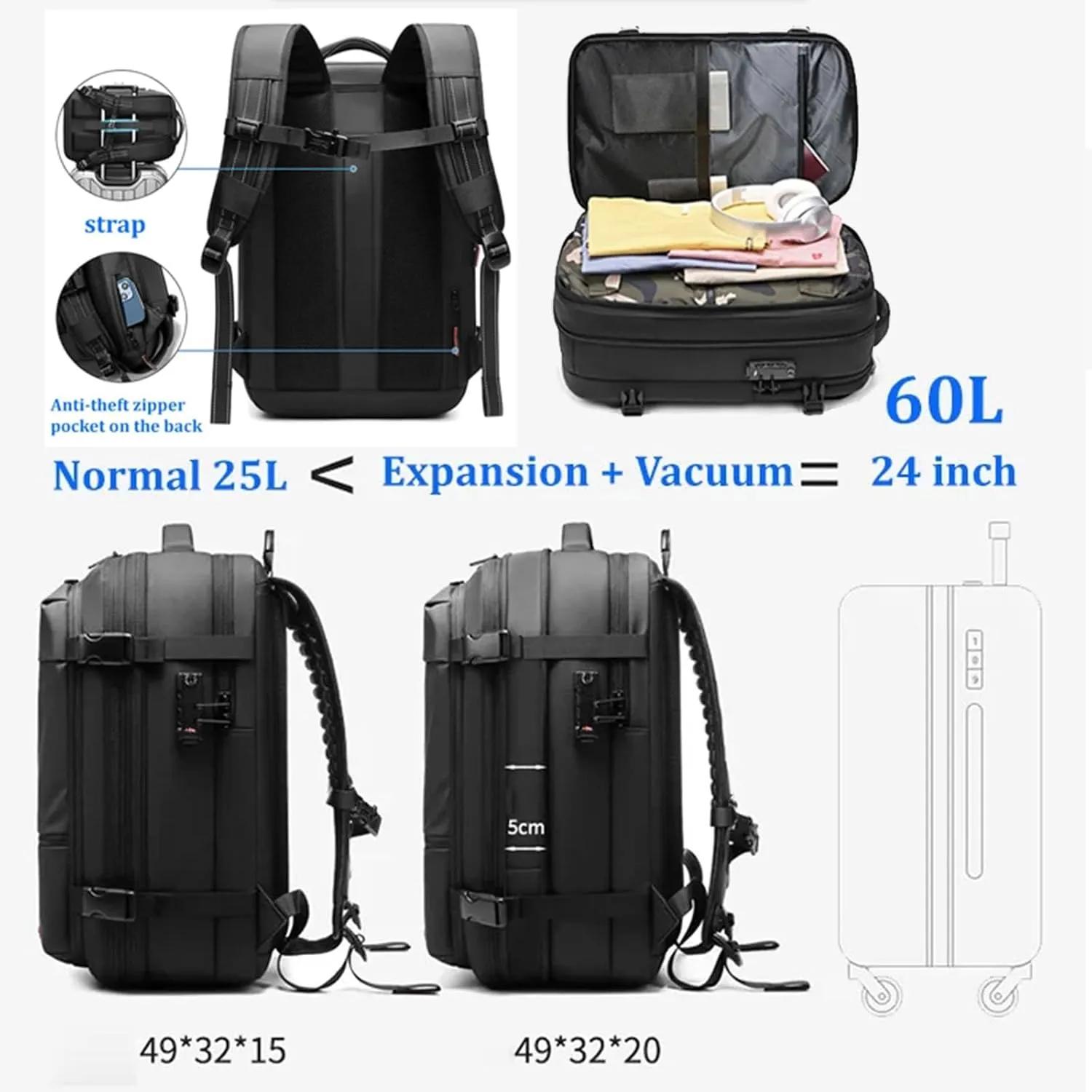 Ezyvac Backpack Vacuum, Ezyvac Rucksack for Travel, 60L Large-Capacity Travel Backpack Expandable with Compression (Black)