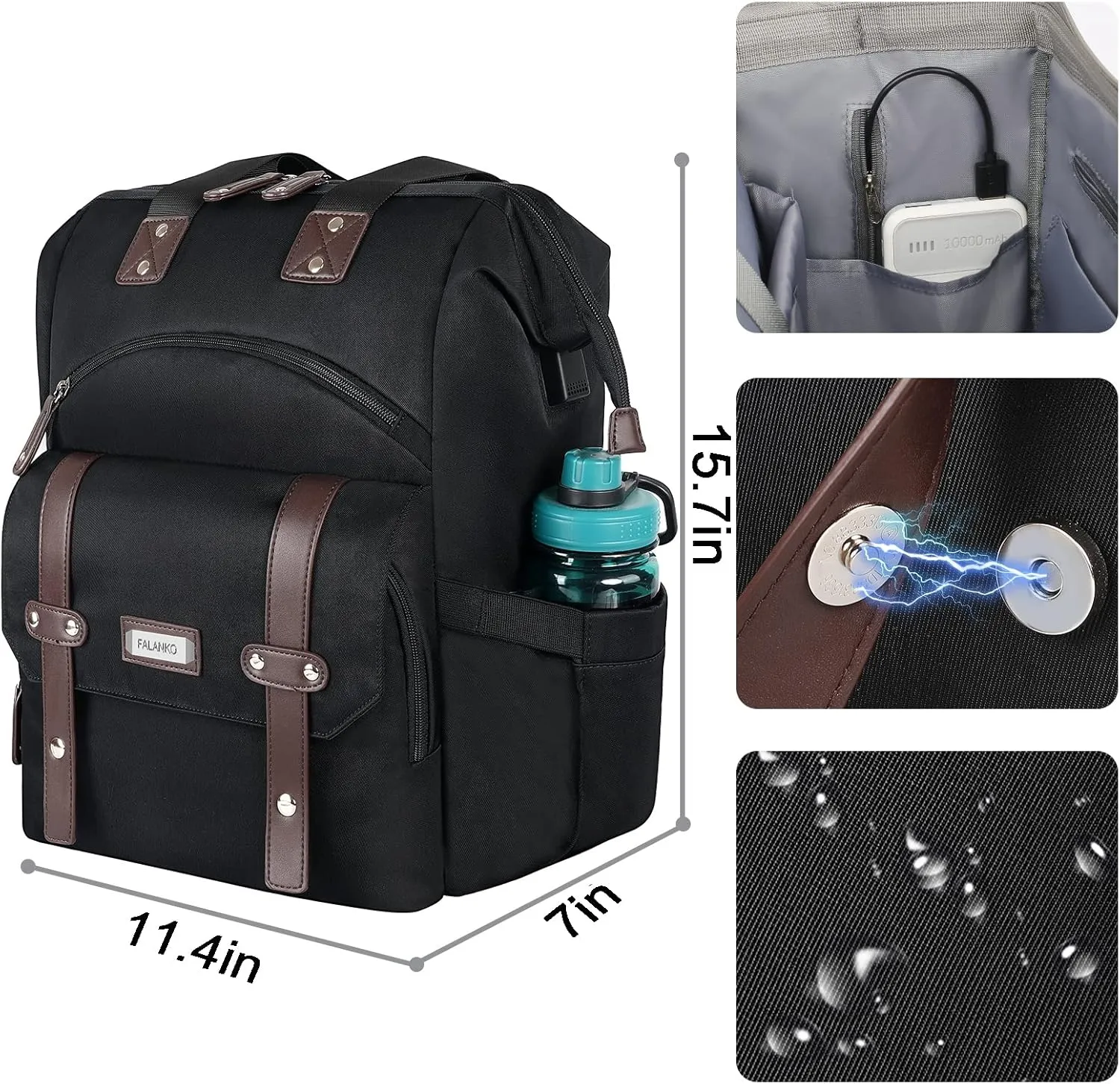 FALANKO Laptop Backpack For Women, Work Doctor Teacher Nurse Wide Open College 15.6 Inch Laptops Backpack Purse with USB Charging Port, Travel Water Resistant RFID Computer Bag for Men Women Black