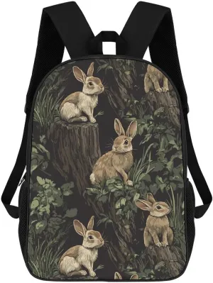 Fall Hunt Rabbits on Tree Stumps Fashion 17 Inch Backpack Simple Shoulders Daypacks Lightweight Laptop Bag Travel Gear