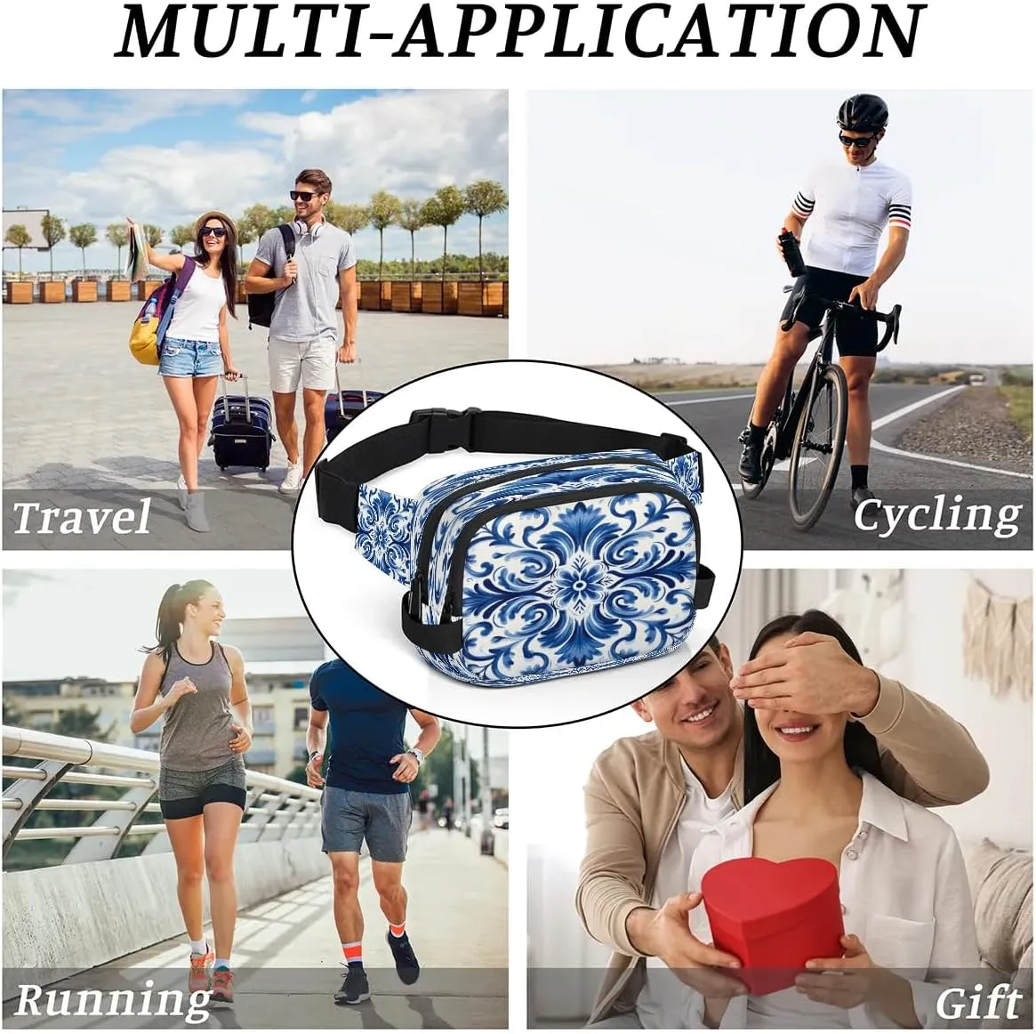 Fanny Pack Crossbody for Women Men Blue Floral Print Fanny Pack Cross Body Bag for Shopping Traveling Running Hiking Cycling