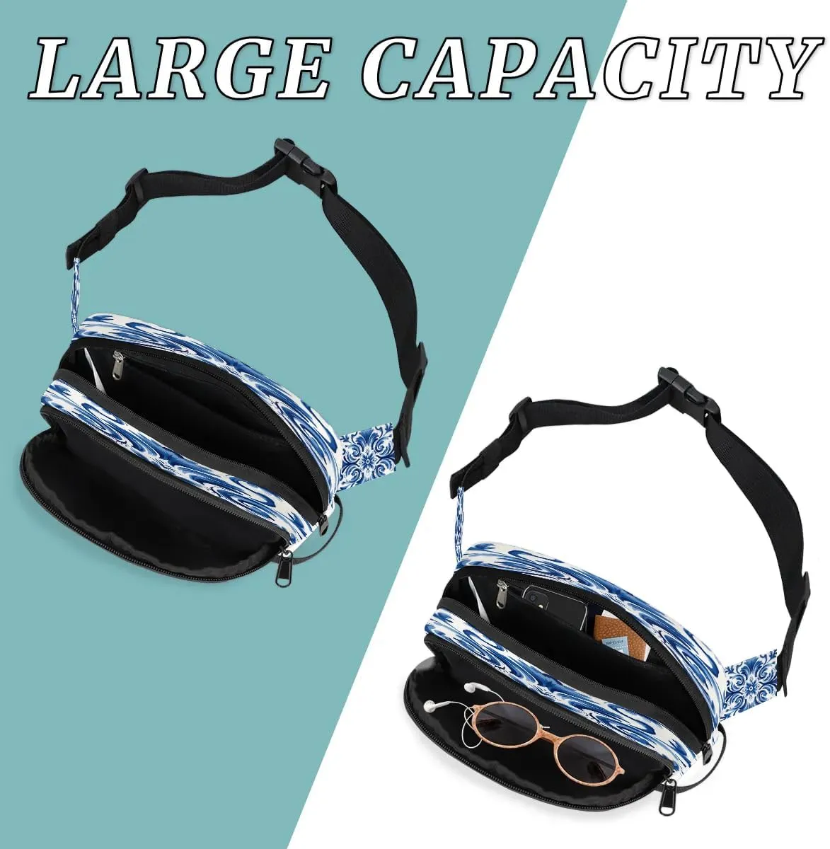 Fanny Pack Crossbody for Women Men Blue Floral Print Fanny Pack Cross Body Bag for Shopping Traveling Running Hiking Cycling