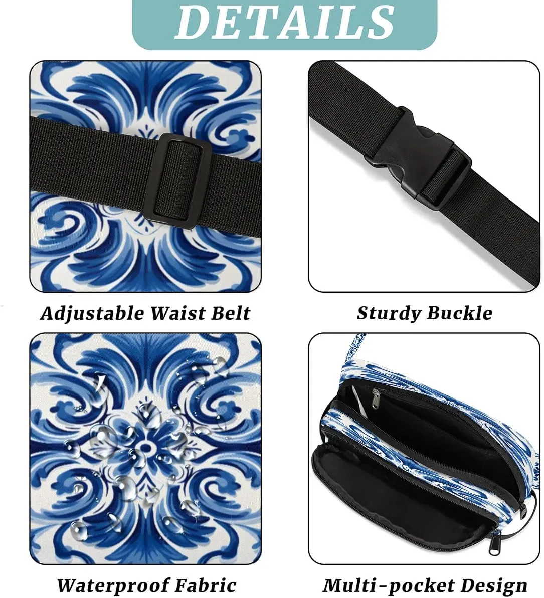Fanny Pack Crossbody for Women Men Blue Floral Print Fanny Pack Cross Body Bag for Shopping Traveling Running Hiking Cycling