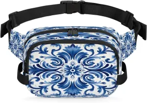 Fanny Pack Crossbody for Women Men Blue Floral Print Fanny Pack Cross Body Bag for Shopping Traveling Running Hiking Cycling
