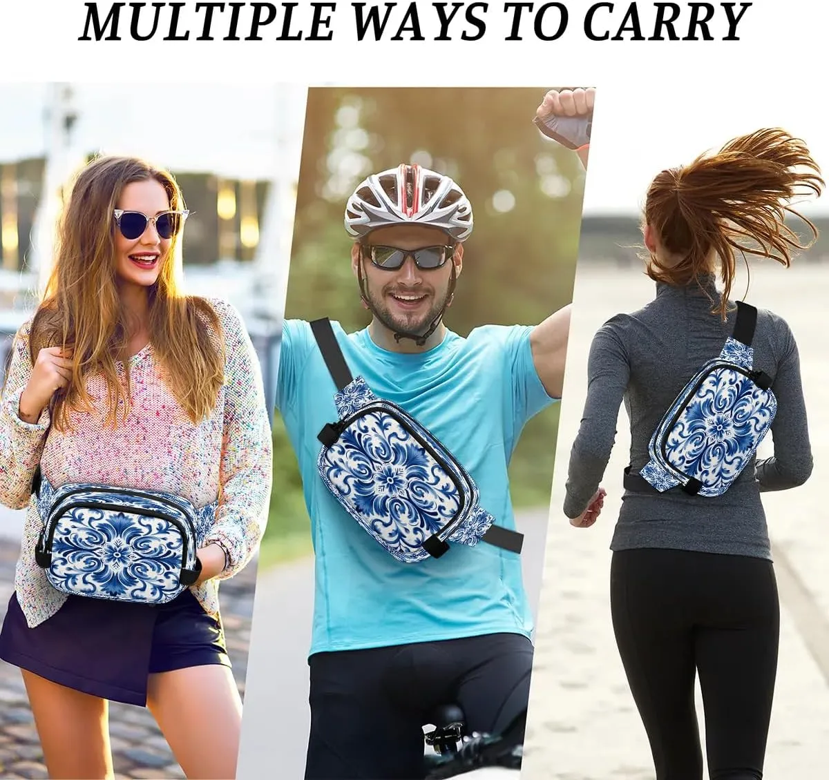 Fanny Pack Crossbody for Women Men Blue Floral Print Fanny Pack Cross Body Bag for Shopping Traveling Running Hiking Cycling