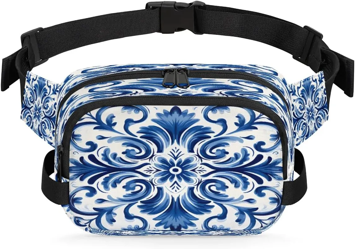 Fanny Pack Crossbody for Women Men Blue Floral Print Fanny Pack Cross Body Bag for Shopping Traveling Running Hiking Cycling