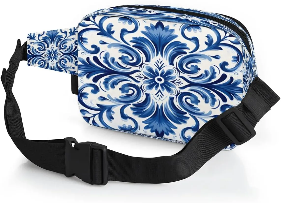 Fanny Pack Crossbody for Women Men Blue Floral Print Fanny Pack Cross Body Bag for Shopping Traveling Running Hiking Cycling