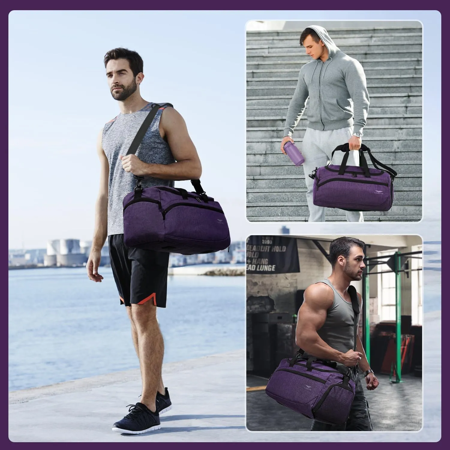 FIORETTO 35L Mens Sports Gym Bag with Toiletry Bag & Shoe Compartment, Travel Duffle Bag Overnight Bag with Padded Shoulder Strap, Sports Holdall for Swimming, Basketball Purple