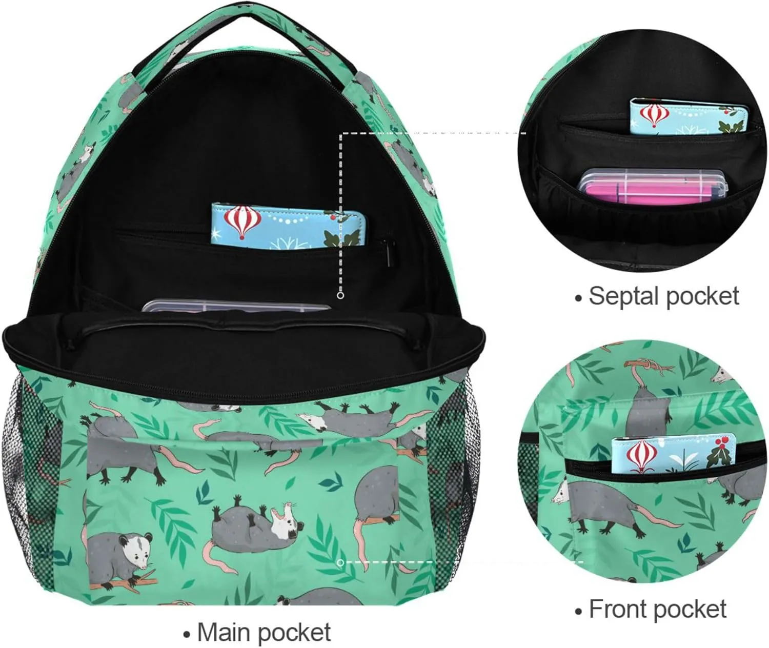 Fisyme Opossum Possum Green Laptop Backpack Bag Bookbag Casual Travel Hiking Computer Notebooks Daypacks