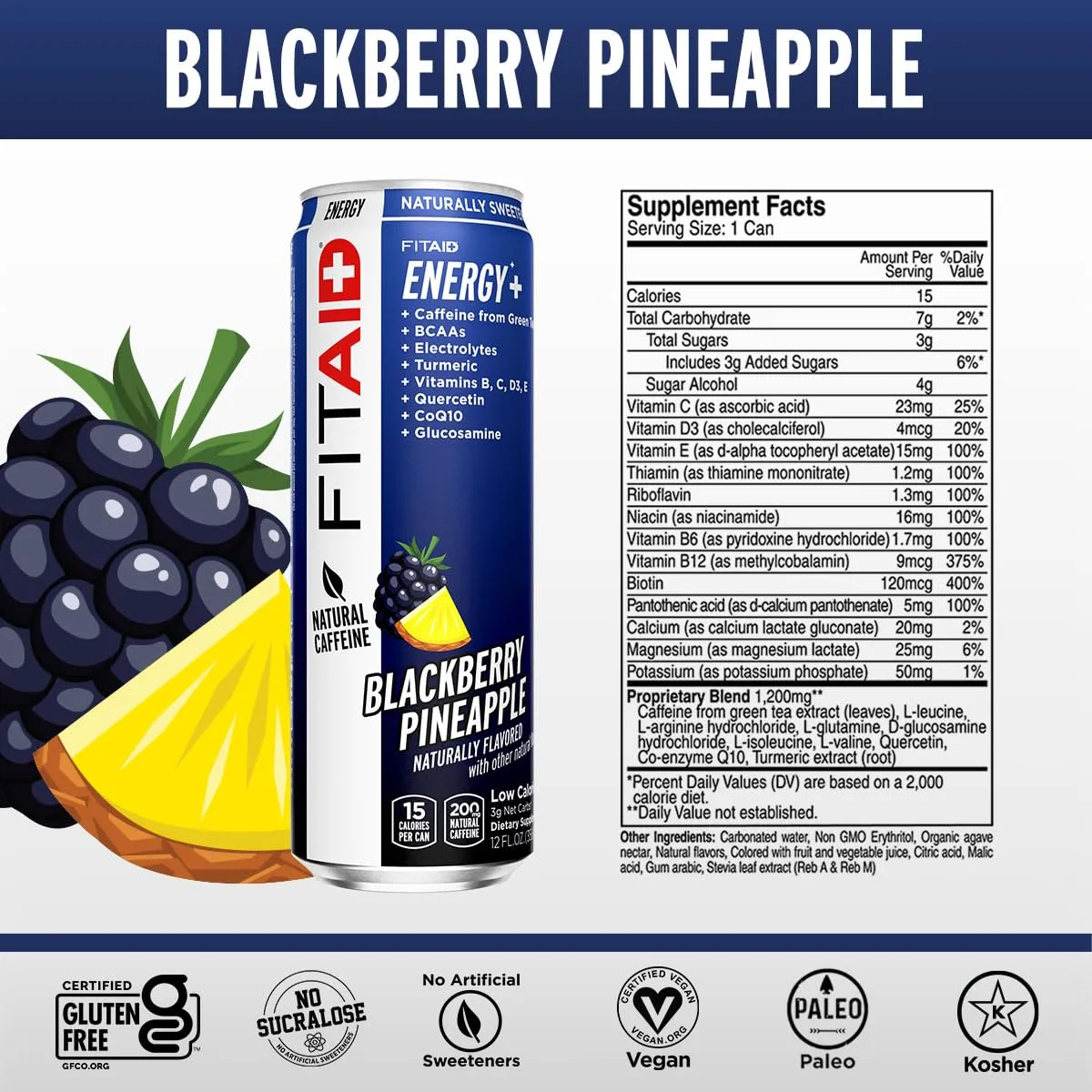 FITAID ENERGY, 200mg Natural Caffeine, Keto, Blackberry Pineapple, Omega-3s, 15 calories, Paleo, Vegan & Gluten-Free, No Artificial Sweeteners, 12-oz. cans (Pack of 12)