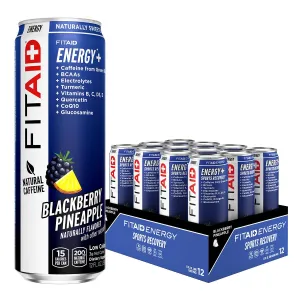 FITAID ENERGY, 200mg Natural Caffeine, Keto, Blackberry Pineapple, Omega-3s, 15 calories, Paleo, Vegan & Gluten-Free, No Artificial Sweeteners, 12-oz. cans (Pack of 12)