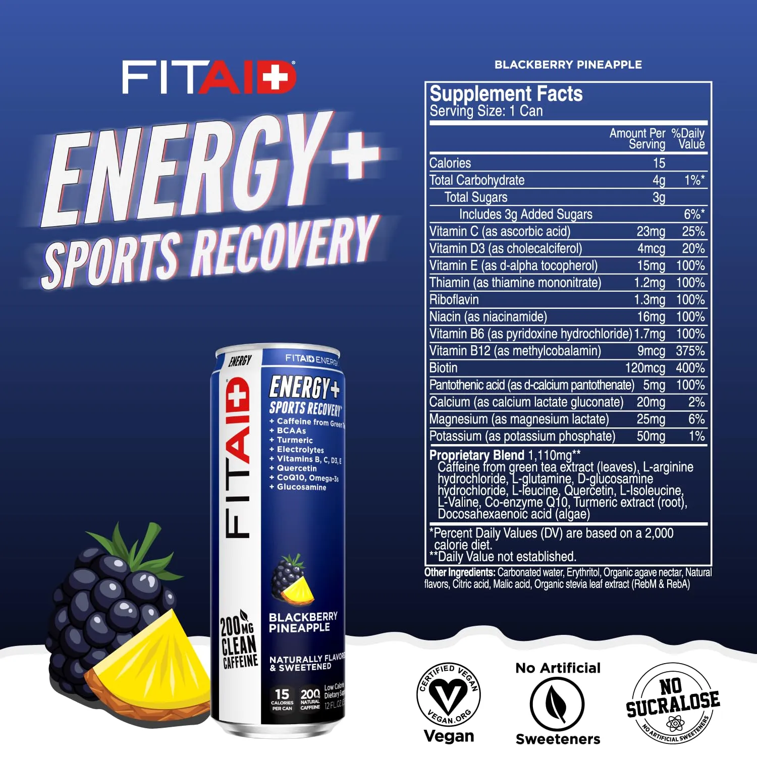 FITAID ENERGY, 200mg Natural Caffeine, Keto, Blackberry Pineapple, Omega-3s, 15 calories, Paleo, Vegan & Gluten-Free, No Artificial Sweeteners, 12-oz. cans (Pack of 12)