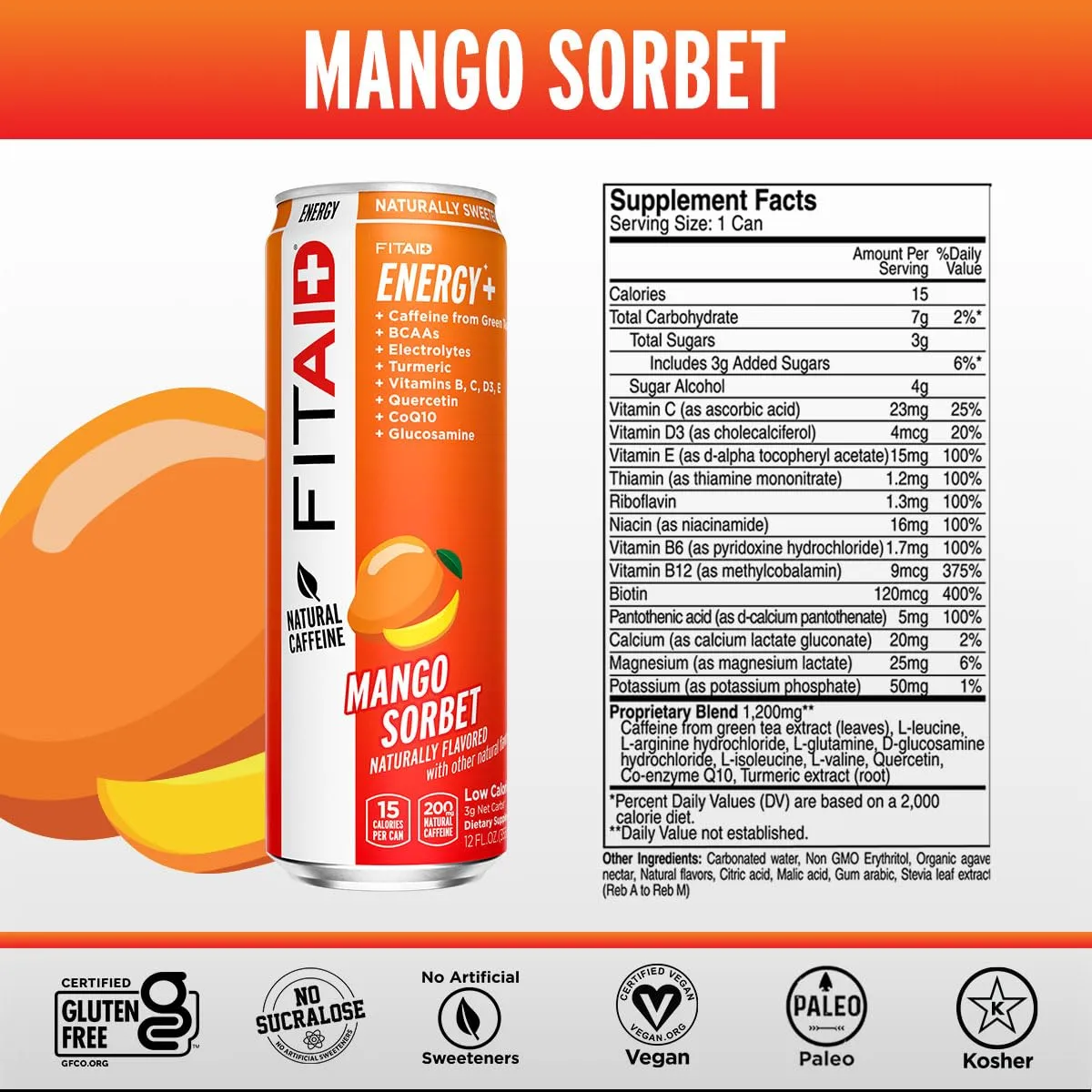 FITAID ENERGY, 200mg Natural Caffeine, Keto, Mango Sorbet, Optimum Performance Formula: BCAAs, Quercetin, Electrolytes, Omega-3s, 15 Calories, Paleo, Vegan & Gluten-Free, 12-oz. Cans (Pack of 24)