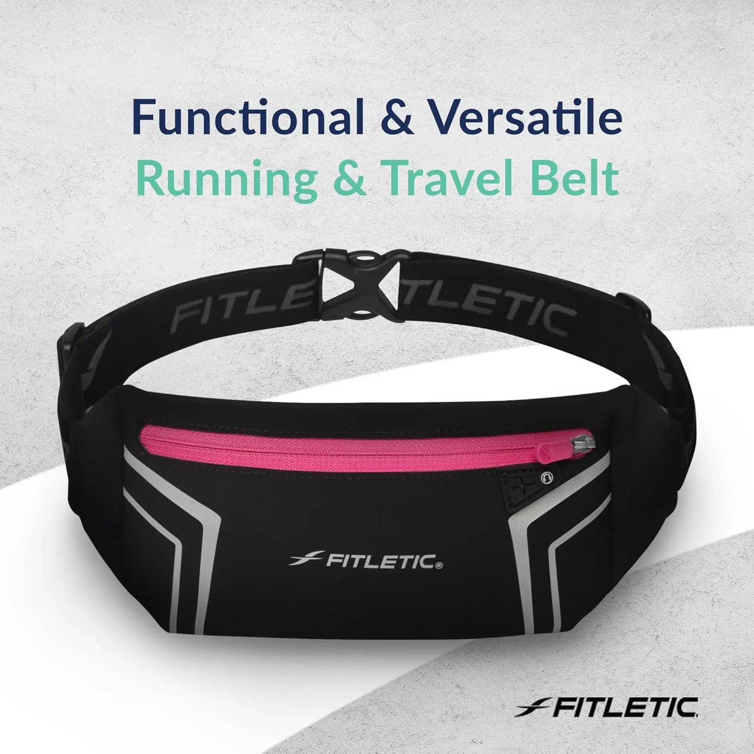 Fitletic Modern Sports Running Belt For Men & Women – Water Resistant Pouch - Fits All Smart Phones- Lightweight, Low Profile Design –Lycra Coated With Inner Card Organizer Pocket Black/Pink Zipper