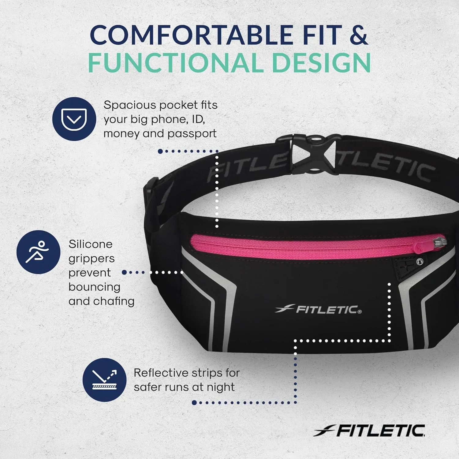 Fitletic Modern Sports Running Belt For Men & Women – Water Resistant Pouch - Fits All Smart Phones- Lightweight, Low Profile Design –Lycra Coated With Inner Card Organizer Pocket Black/Pink Zipper