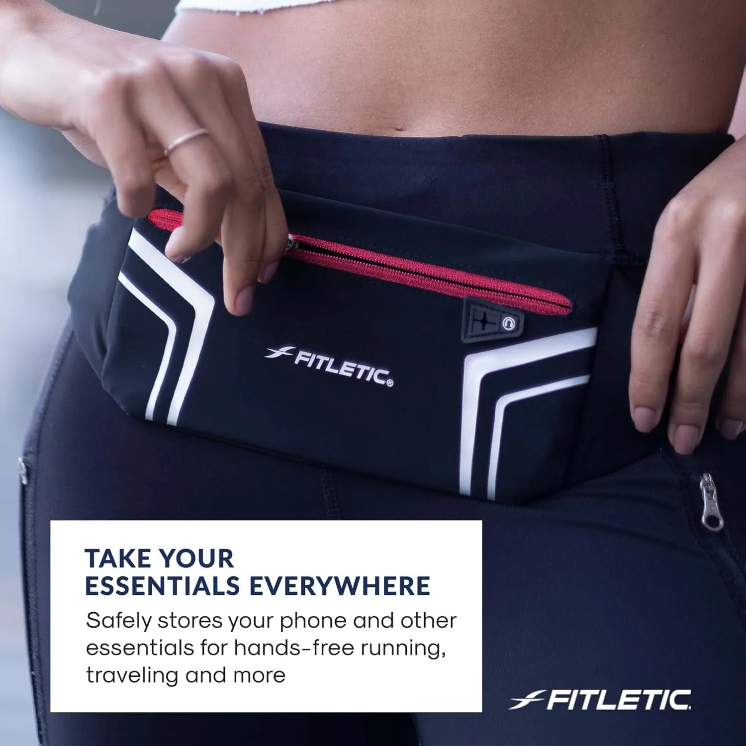 Fitletic Modern Sports Running Belt For Men & Women – Water Resistant Pouch - Fits All Smart Phones- Lightweight, Low Profile Design –Lycra Coated With Inner Card Organizer Pocket Black/Pink Zipper