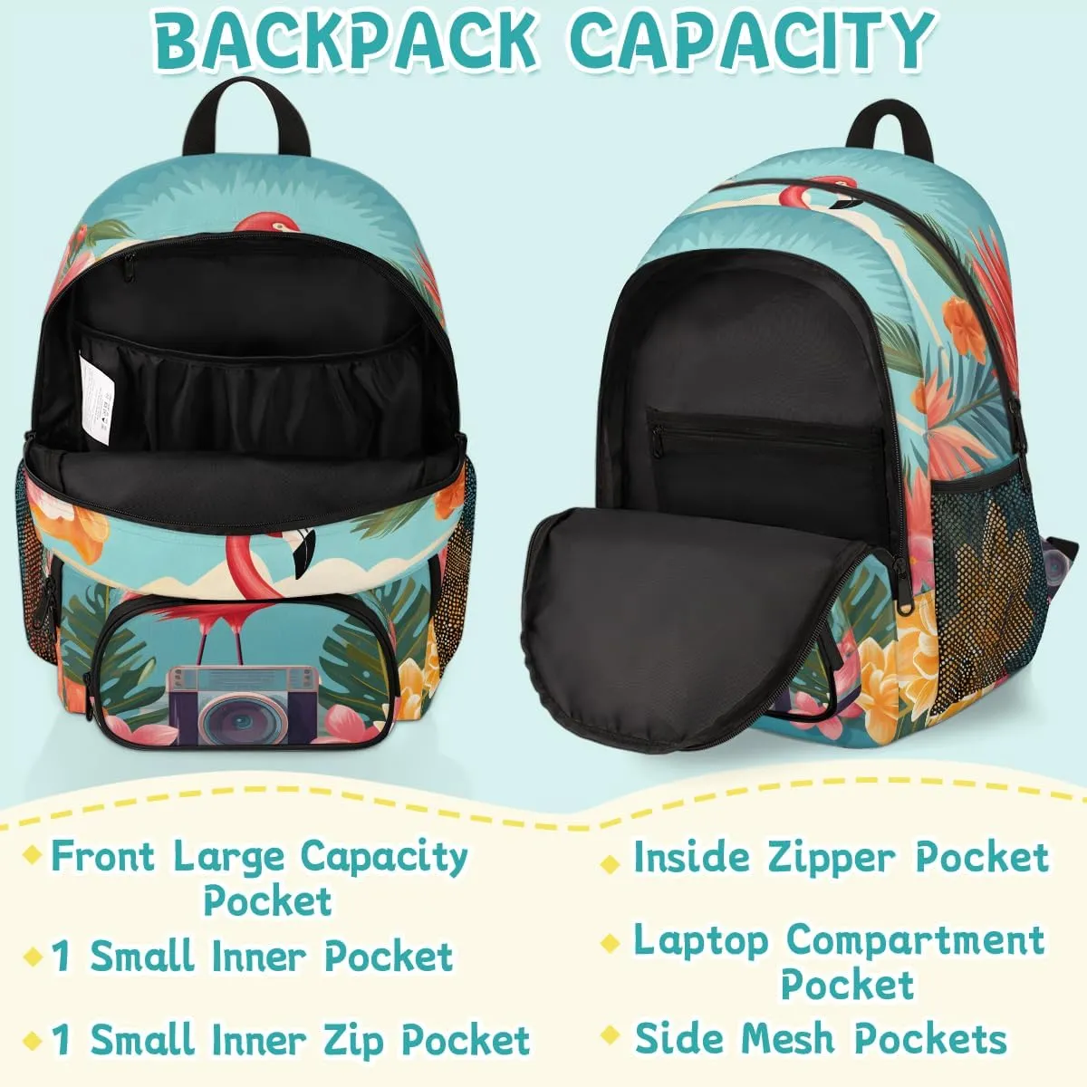 Flamingo Carry on Travel Backpack for Women Men Water resistant Lightweight Rucksack Backpack for Weekender Casual Work Hiking Summer