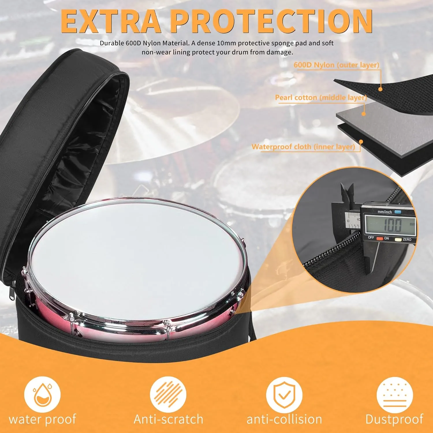 Floor Tom Drum Bag For Floor Tom 16"x16"/16"x14", 10mm Thick Padded Travel Drum Case