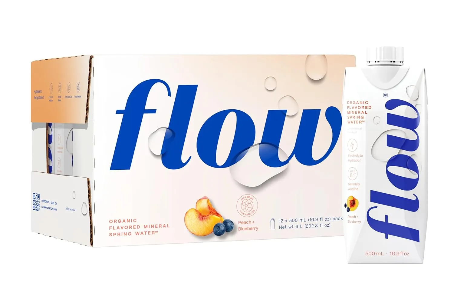 Flow Alkaline Spring Water - Peach and Blueberry Flavored Naturally Alkaline Water With Electrolytes And Essential Minerals - Eco-Friendly Pack, BPA-Free, Non-GMO. 12 Pack of 16.9 FL Bottles