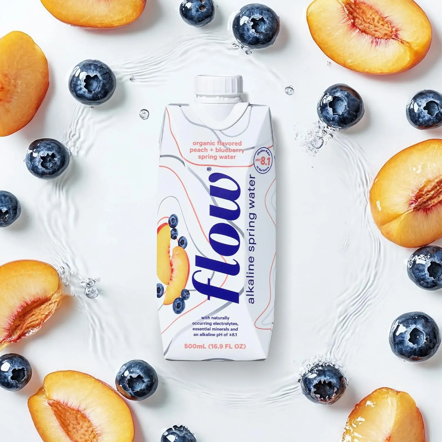 Flow Alkaline Spring Water - Peach and Blueberry Flavored Naturally Alkaline Water With Electrolytes And Essential Minerals - Eco-Friendly Pack, BPA-Free, Non-GMO. 12 Pack of 1L Bottles