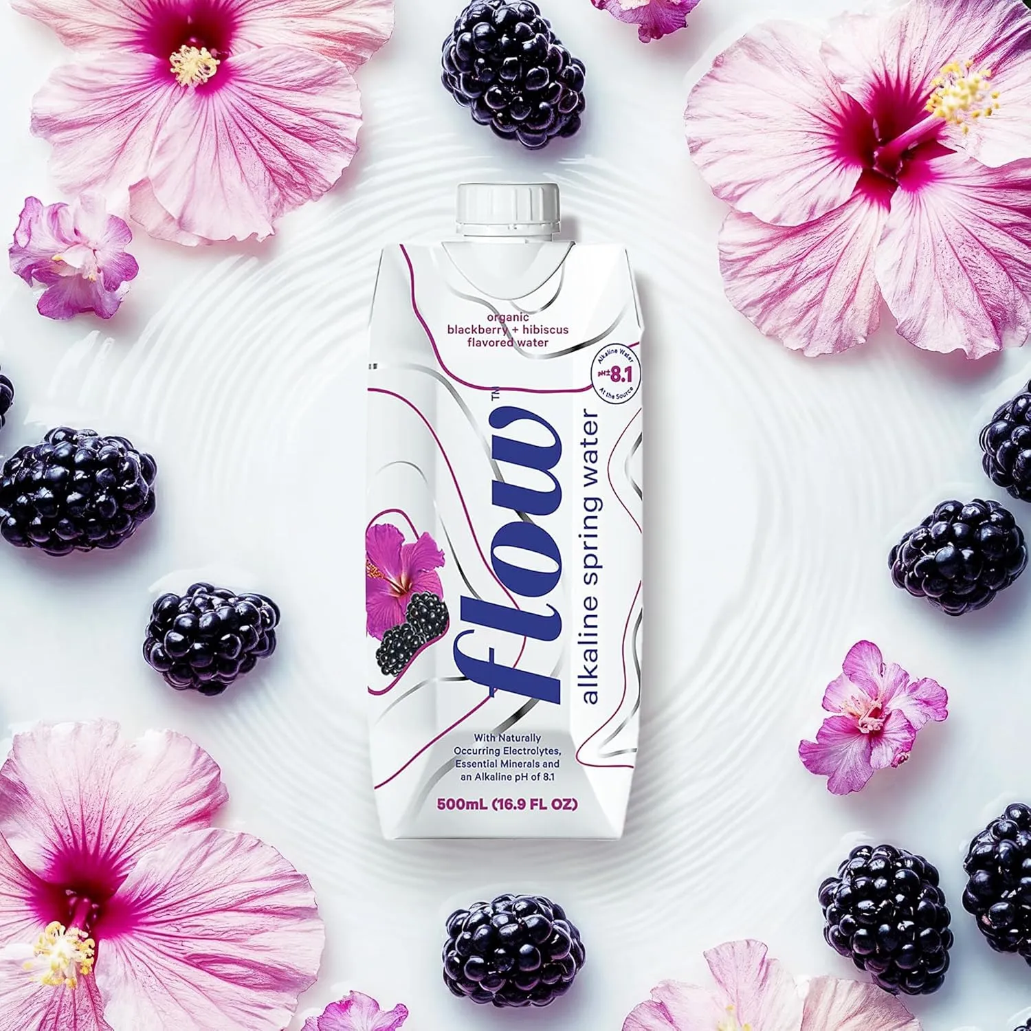 Flow Water Organic Blackberry Hibiscus Alkaline Water, 16.9 FZ (12 Pack)