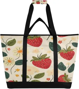 Flowers Strawberry Reusable Insulated Lunchbox Cooler Bag, Leakproof Kitchen Grocery Bag Collapsible Portable Cooler Tote Bag for Picnic, Camping, Office, Travel