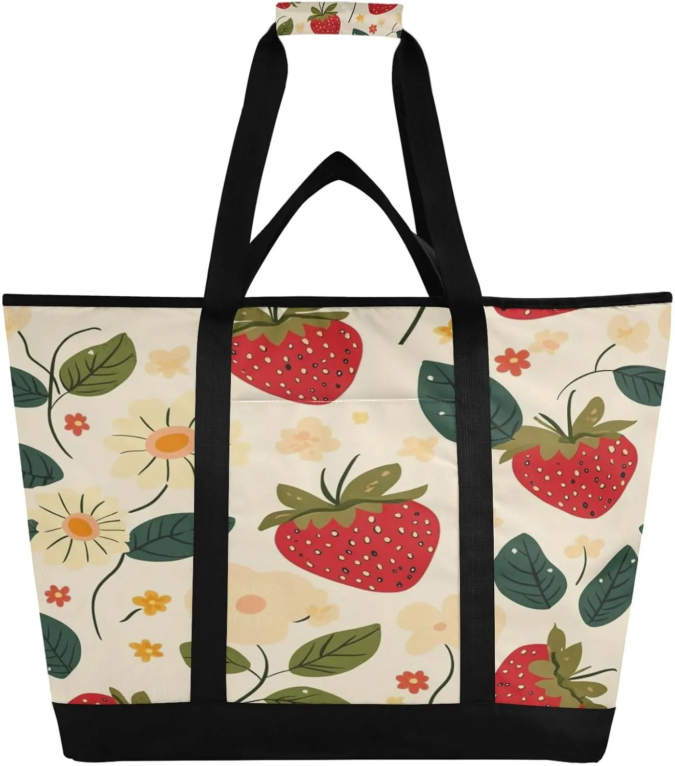 Flowers Strawberry Reusable Insulated Lunchbox Cooler Bag, Leakproof Kitchen Grocery Bag Collapsible Portable Cooler Tote Bag for Picnic, Camping, Office, Travel