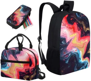 Fluid Art Marbling Skin Backpack with Lunch Box Pencil Holder Case,Liquid Marble Texture Casual Travel Rucksack Kids School Bookbag,Set of 3