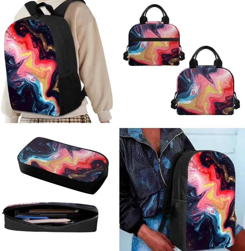 Fluid Art Marbling Skin Backpack with Lunch Box Pencil Holder Case,Liquid Marble Texture Casual Travel Rucksack Kids School Bookbag,Set of 3