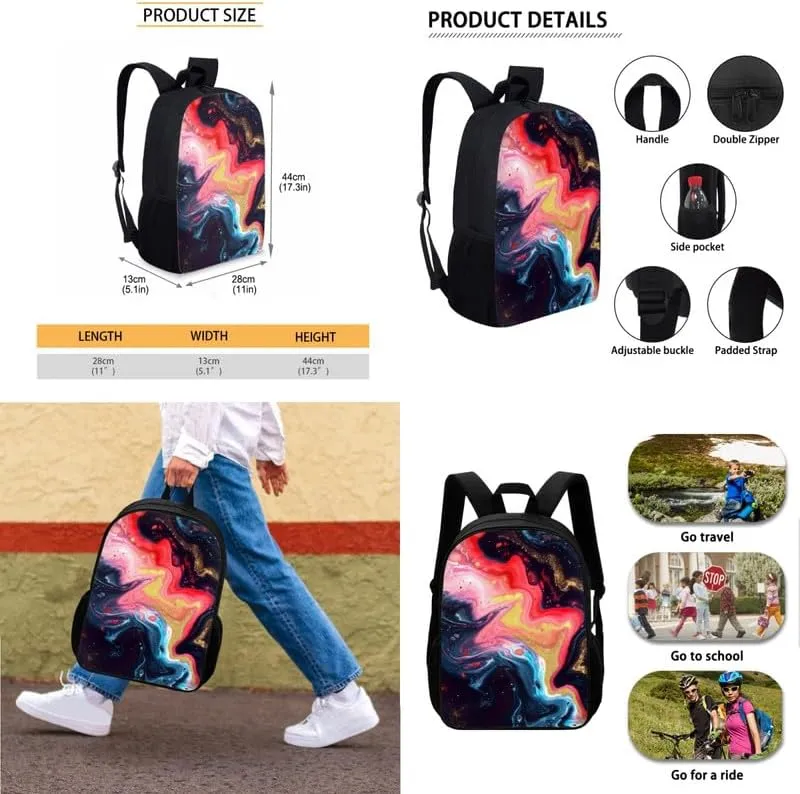 Fluid Art Marbling Skin Backpack with Lunch Box Pencil Holder Case,Liquid Marble Texture Casual Travel Rucksack Kids School Bookbag,Set of 3