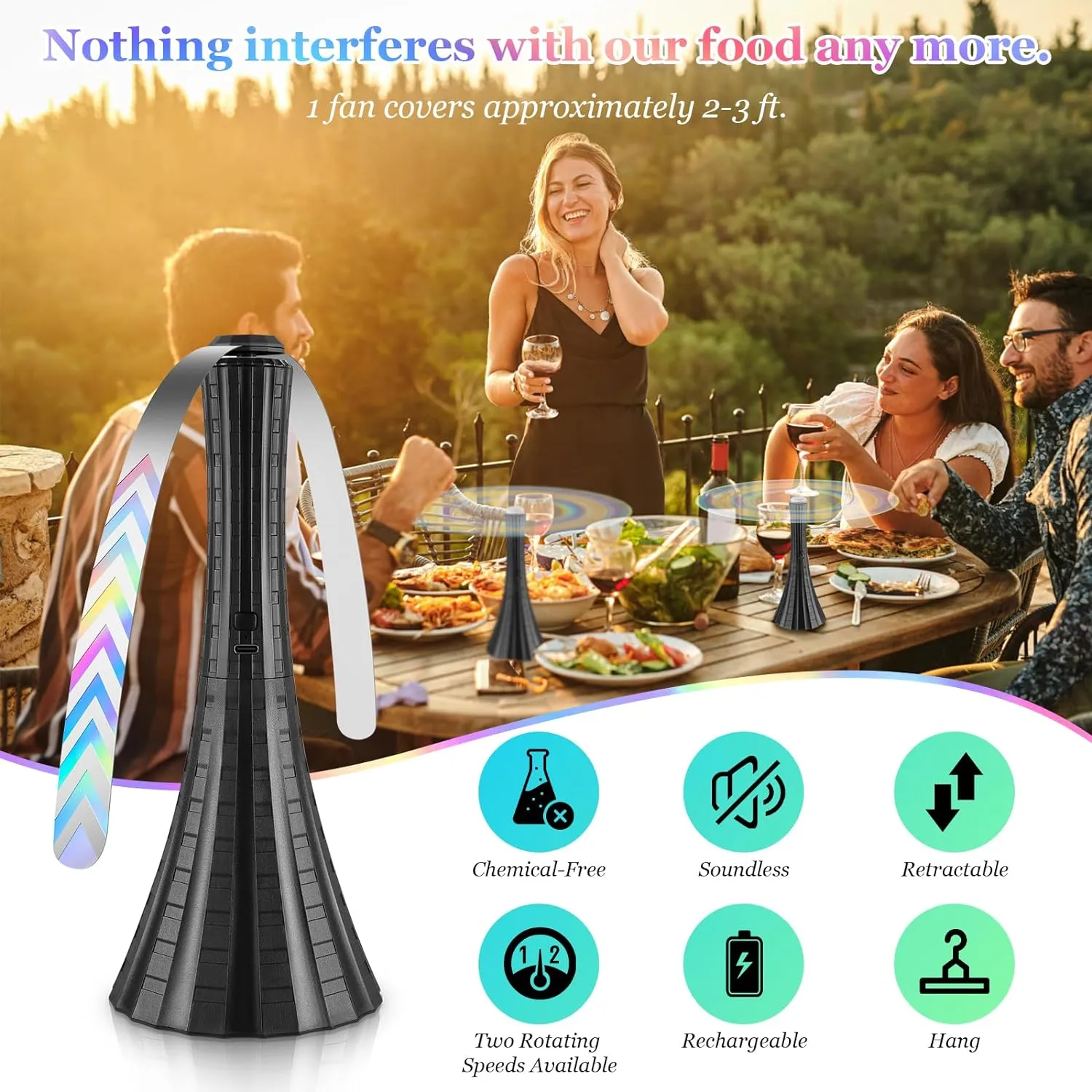 Fly Fans for Tables Rechargeable, 1800mah Table Fans to Keep Flies Away by Soft Blades, Fly Repellent Outdoor Patio, Camping Picnic Essentials, BBQ Party Supplies for Food, 2pcs