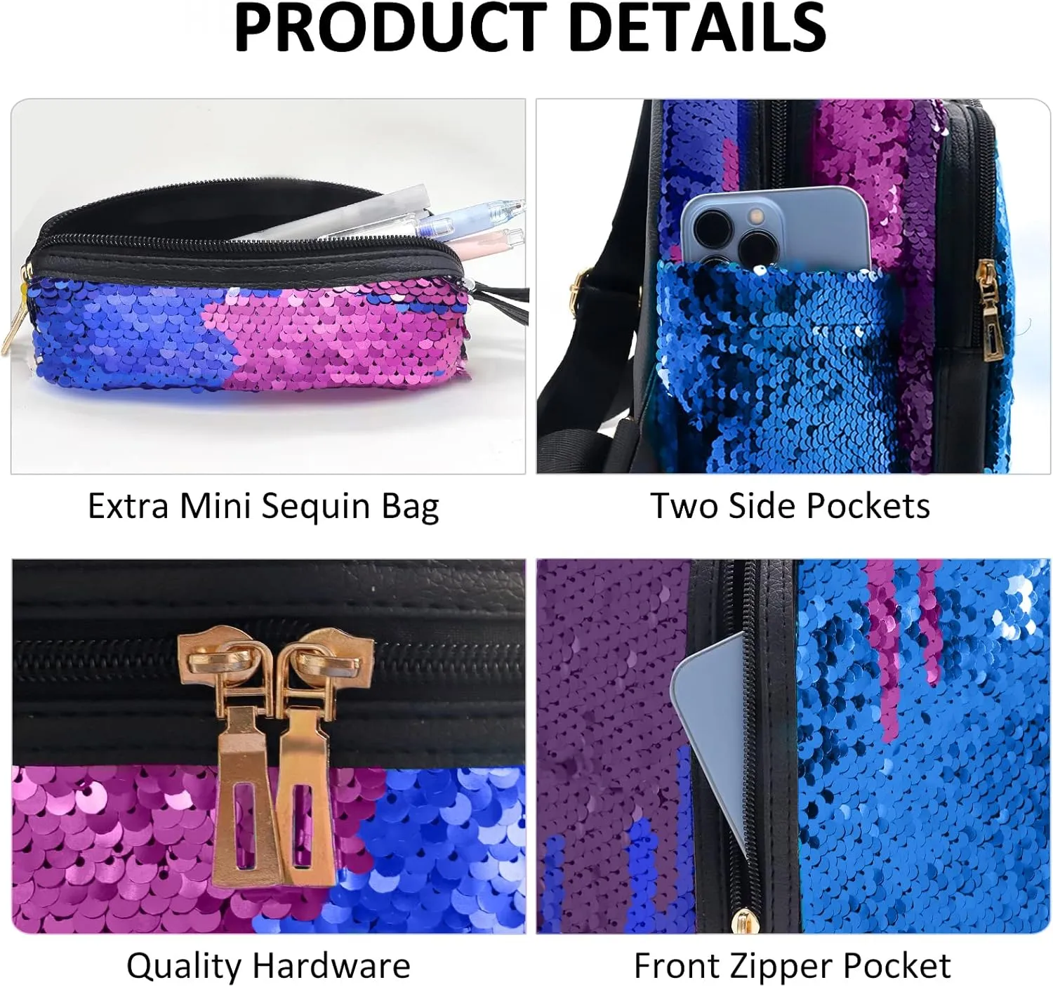 Fmeida Girls Mini Backpack Sequin Bookbag Cute Daypacks Purse for Kids Christmas Gift - Blue&Purple