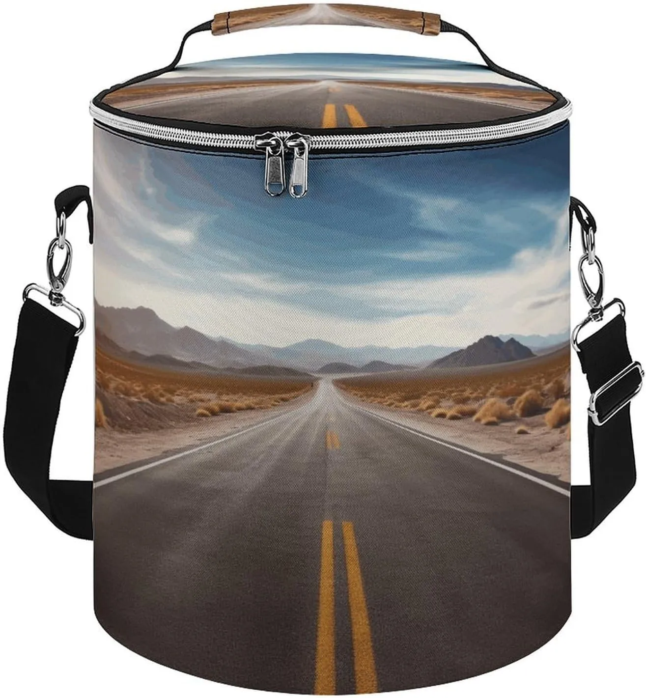 Foldable Cooler Bag Desert Landscape Highway Print Soft Cooler Bag Insulated Collapsible Lunch Cooler Bags with Shoulder Strap