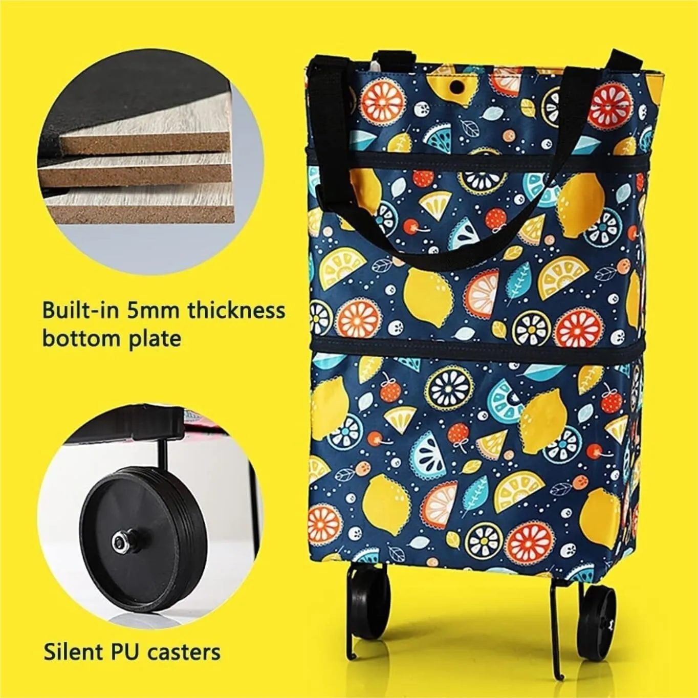 Folding Shopping Cart, 2 Wheels Bag Foldable Silent 20L Trolley Bag for Shopping Supermarket Travel Shopping Cart Shoulder Bags Grocery Utility Carts(Yellow)