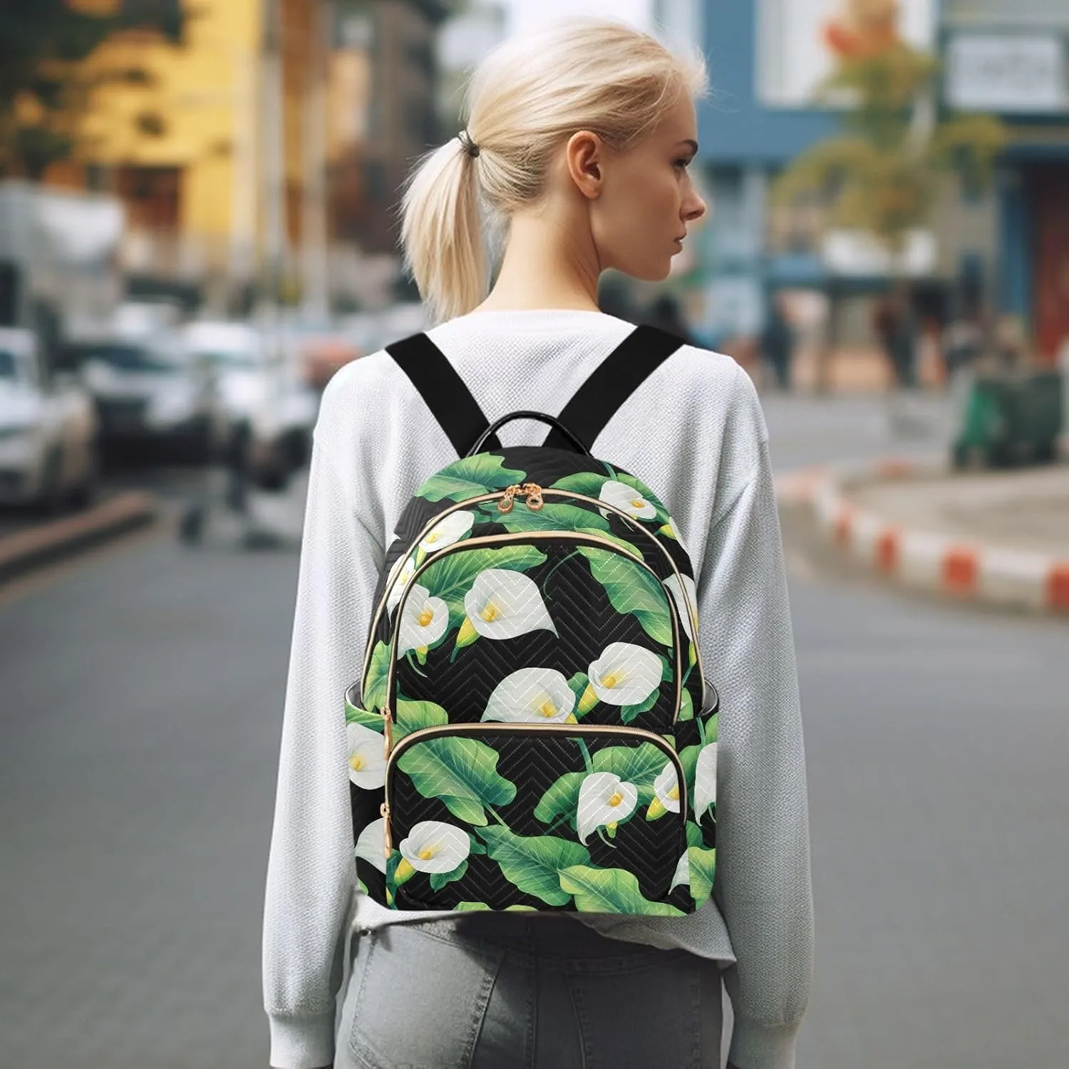 Foliage Floral Black Backpack Purse for Women Ladies Shoulder Bags with Anti-theft Back for Travel Work M