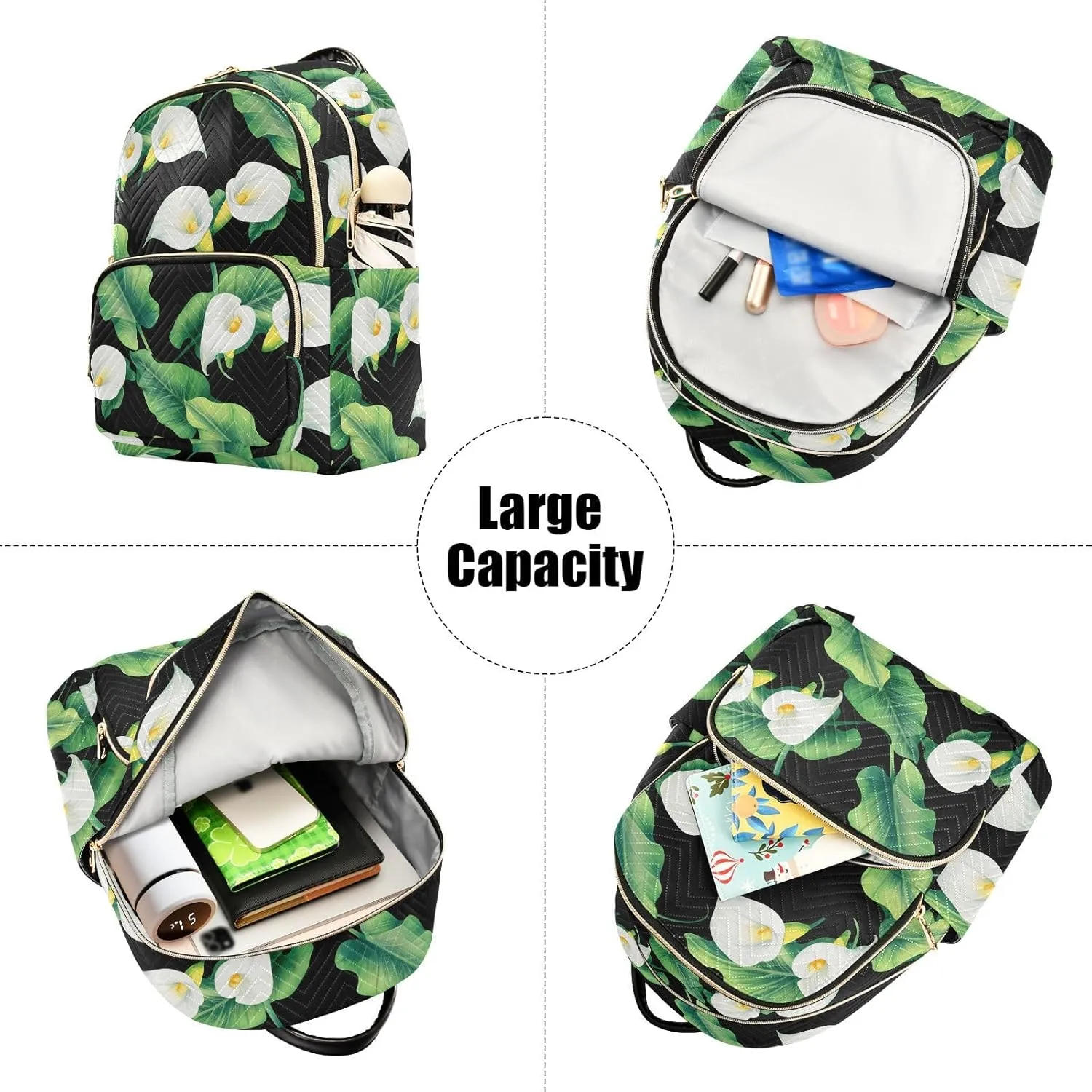 Foliage Floral Black Backpack Purse for Women Ladies Shoulder Bags with Anti-theft Back for Travel Work M