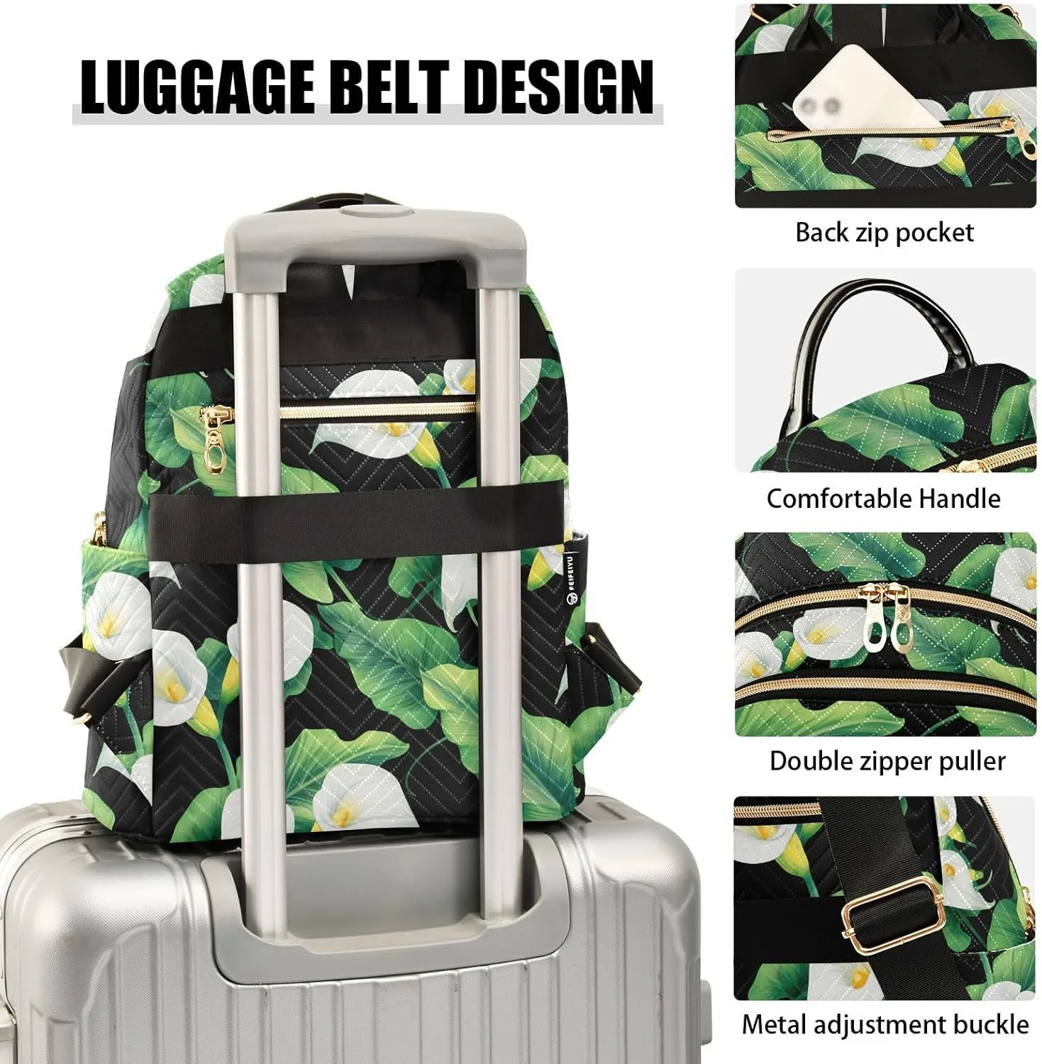 Foliage Floral Black Backpack Purse for Women Ladies Shoulder Bags with Anti-theft Back for Travel Work M