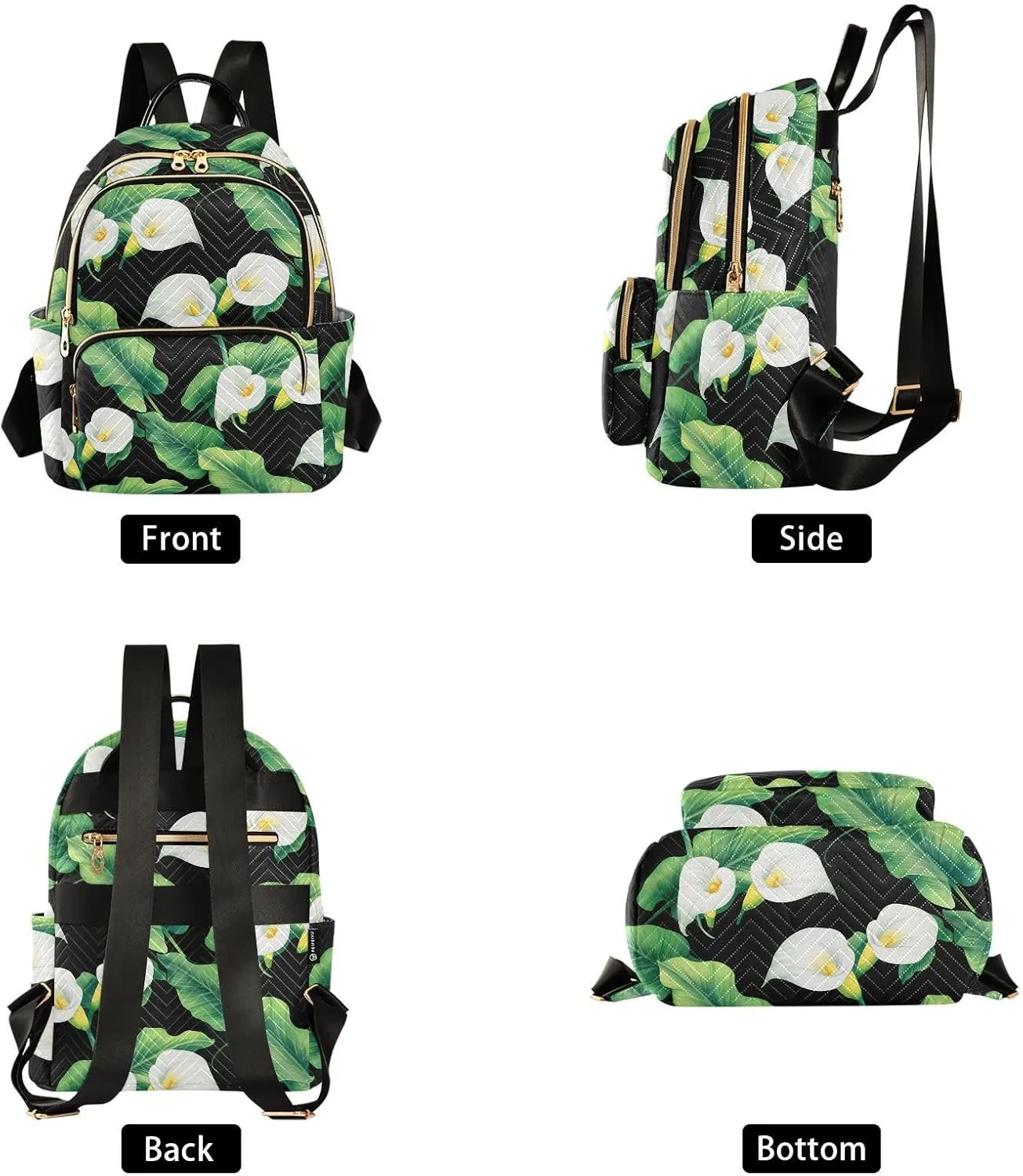 Foliage Floral Black Backpack Purse for Women Ladies Shoulder Bags with Anti-theft Back for Travel Work M