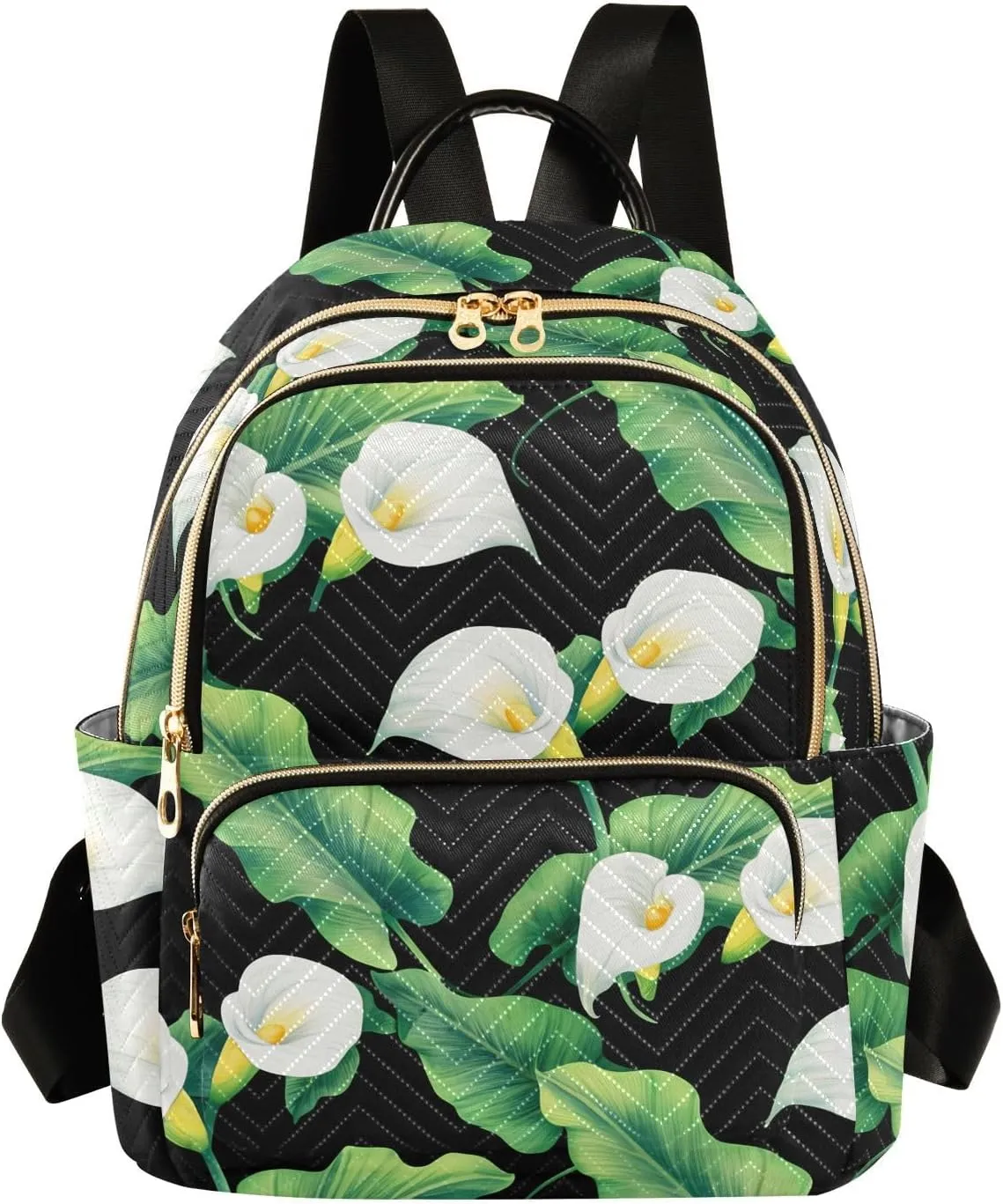 Foliage Floral Black Backpack Purse for Women Ladies Shoulder Bags with Anti-theft Back for Travel Work M