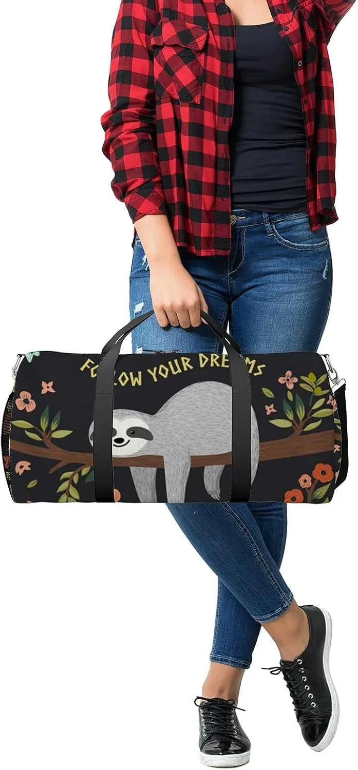 Follow Your Dreams Sloth Sports Duffel Bag Travel Gym Tote Bags Lightweight Durable Shoulder Strap Waterproof Polyester Outside Mesh Pocket Overnight Trip Duffel Bag for Women Men