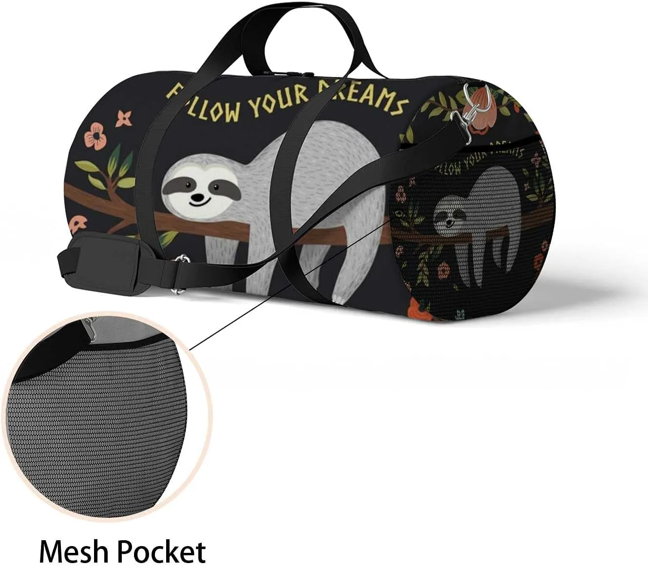 Follow Your Dreams Sloth Sports Duffel Bag Travel Gym Tote Bags Lightweight Durable Shoulder Strap Waterproof Polyester Outside Mesh Pocket Overnight Trip Duffel Bag for Women Men