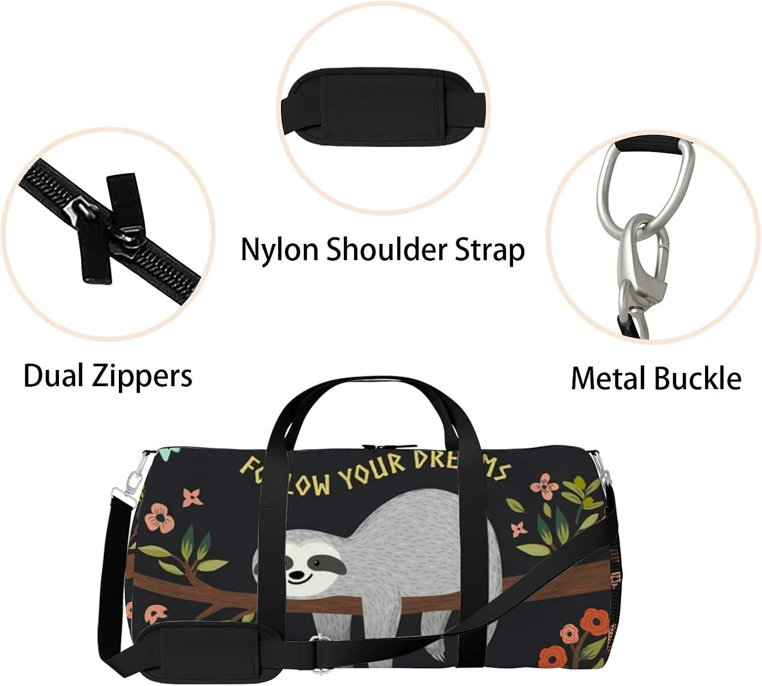 Follow Your Dreams Sloth Sports Duffel Bag Travel Gym Tote Bags Lightweight Durable Shoulder Strap Waterproof Polyester Outside Mesh Pocket Overnight Trip Duffel Bag for Women Men