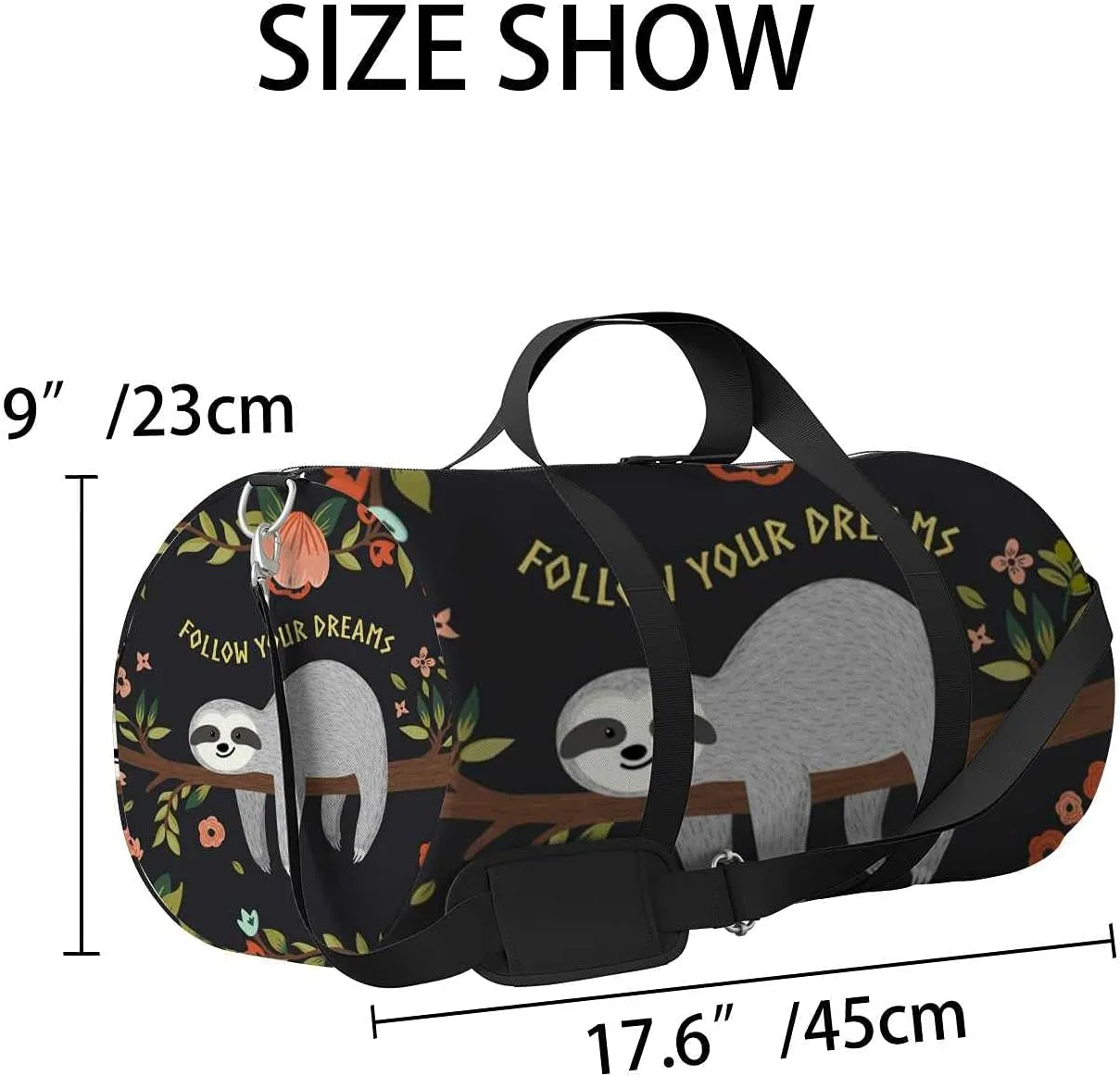 Follow Your Dreams Sloth Sports Duffel Bag Travel Gym Tote Bags Lightweight Durable Shoulder Strap Waterproof Polyester Outside Mesh Pocket Overnight Trip Duffel Bag for Women Men