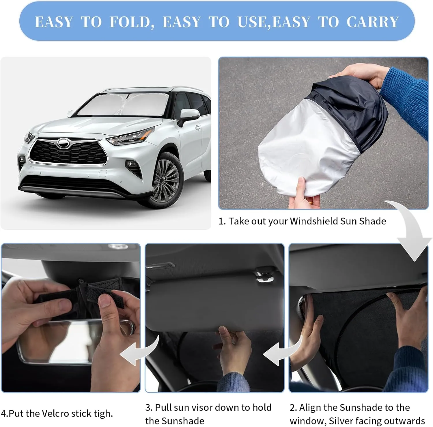 for Toyota Highlander 2020-2024 2025 Sun Shade Sunshade Windshield Cover, 4-Layer Front Window Shade Custom Fit Highlander L LE XLE Limited Platinum Sun Visor 240T Fabric Car Accessories