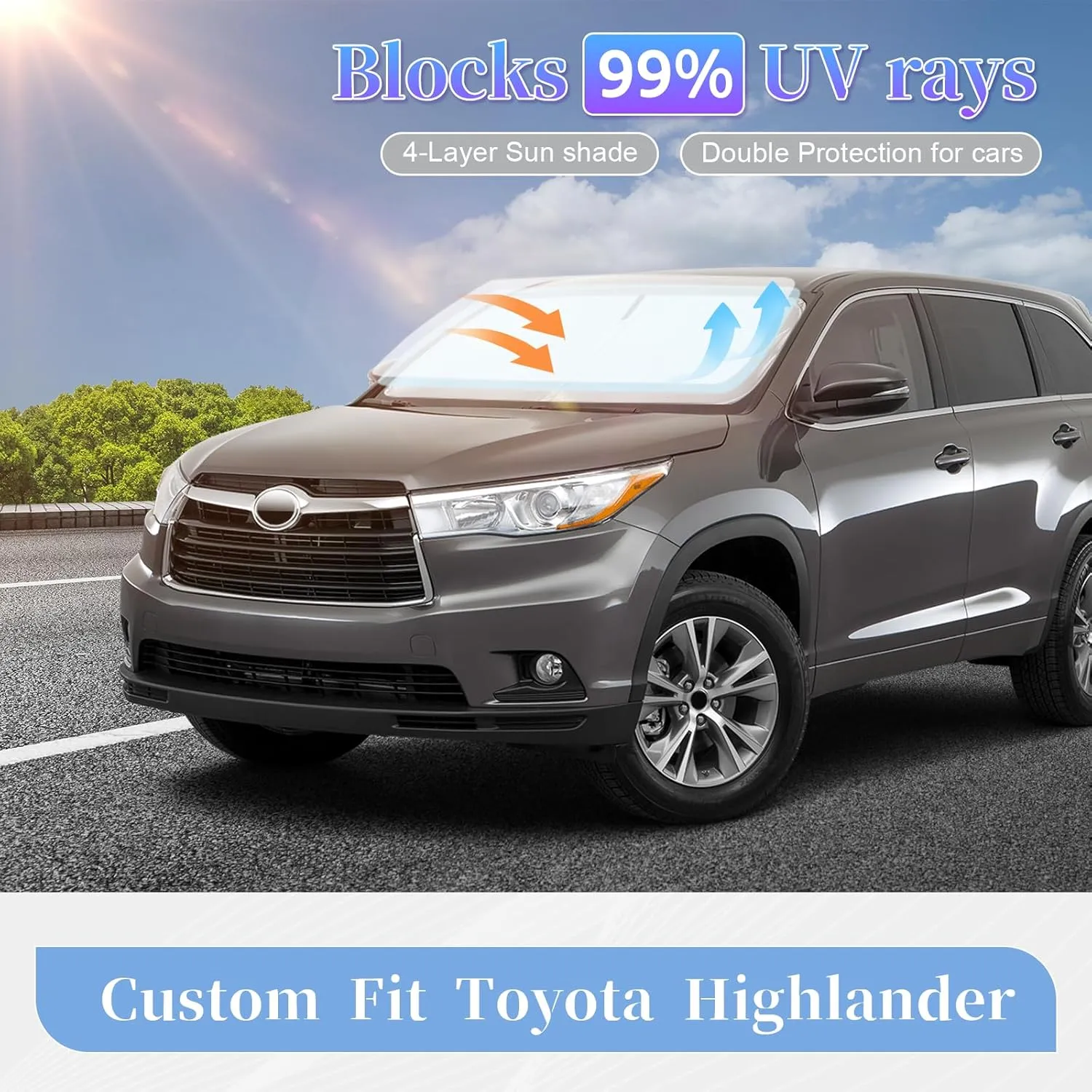 for Toyota Highlander 2020-2024 2025 Sun Shade Sunshade Windshield Cover, 4-Layer Front Window Shade Custom Fit Highlander L LE XLE Limited Platinum Sun Visor 240T Fabric Car Accessories