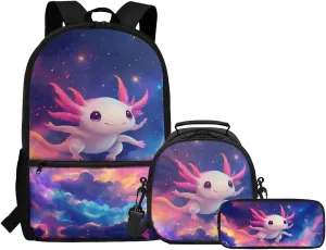 FOR U DESIGNS Axolotl Backpack for Girls 8-10 3rd Grade School Bag and Lunch Bag Set 3 in 1 Elementary Bookbag Set with Lunch Box Galaxy Travel Rucksack