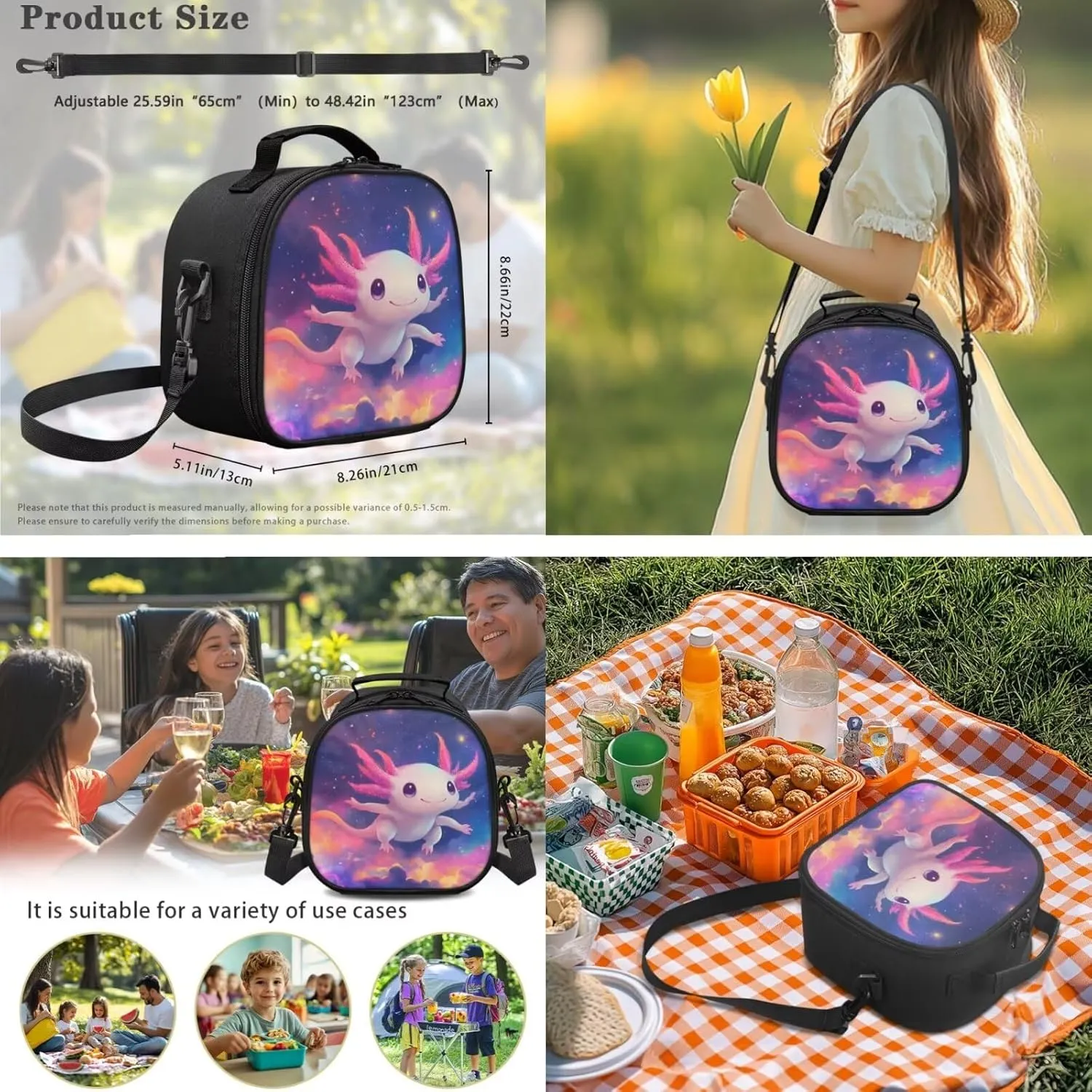 FOR U DESIGNS Axolotl Backpack for Girls 8-10 3rd Grade School Bag and Lunch Bag Set 3 in 1 Elementary Bookbag Set with Lunch Box Galaxy Travel Rucksack